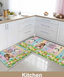 Alternative view of Artwork Store 2PCS Easter Eggs Kitchen Floor Mats, Watercolor Bunny Paw Non-Slip Kitchen Rugs Sets Blue Pink Teal Woodgrain Soft Cotton Linen Doormat for Hallway, Laundry Room, 16x24 Inch+16x47 Inch