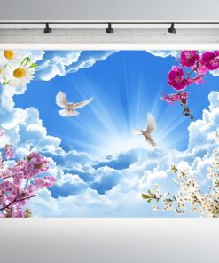 Alternative view of BELECO 5x3ft Fabric Peace Dove Backdrop Holy Spirit Bird Jesus Christ Backdrop Blue Sky White Clouds Heaven Bright Lights Love and Peace Spring Flowers Background Church Decor Christian Photo Props