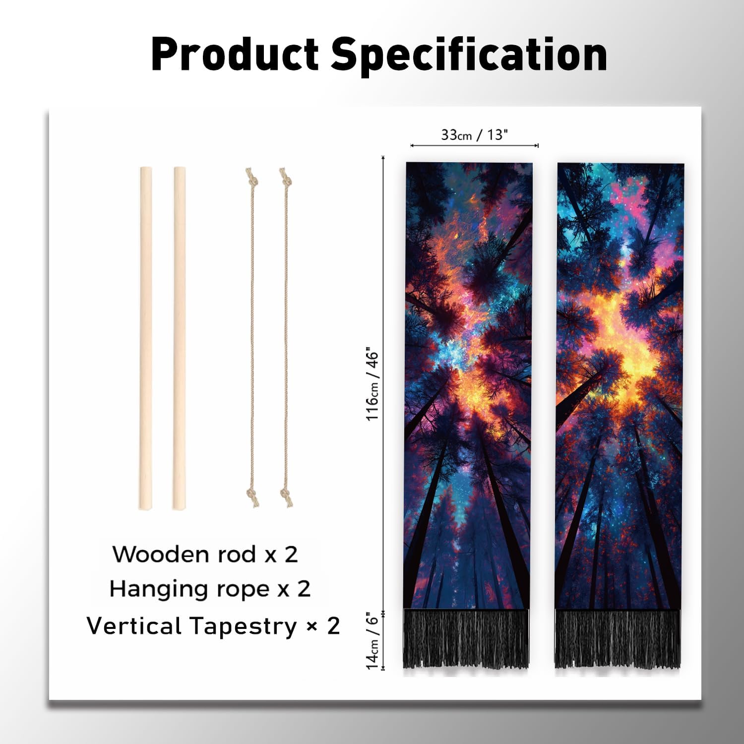 PLIGREAT 2 Pack Mysterious Sky Wall Tapestry, Colorful Forest Tapestry with Tassels Aesthetic Starry Night Wall Hanging for Bedroom Living Room Home Decor Vertical Art Tapestries, 52 x 13 Inch - Image 2