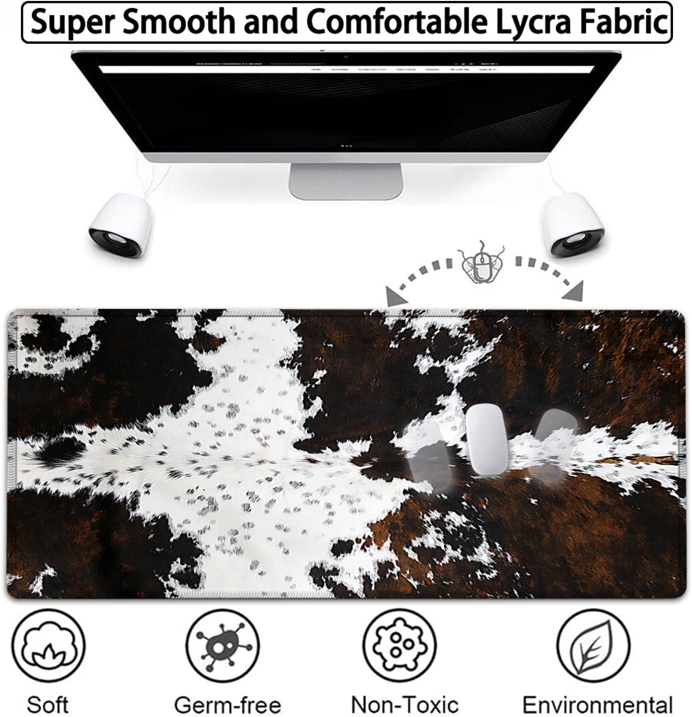 Large Gaming Mouse Pad, 31.5x11.8 in Extended Computer Mouse Mat with Non-Slip PU Base, Ergonomic Memory Foam Keyboard Wrist Rest, for Work & Gaming, Black and White Cow Fur Office Desk Pad - Image 2