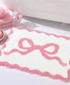 Tinideya Pink Bow Bathroom Rug 16" x 24" Scalloped Bow Bath Mat Non Slip Coquette Rug Cute Aesthetic Carpet Preppy Room Decor Microfiber Absorbent Bathroom Mat for Valentines Bathtub Shower Bedroom