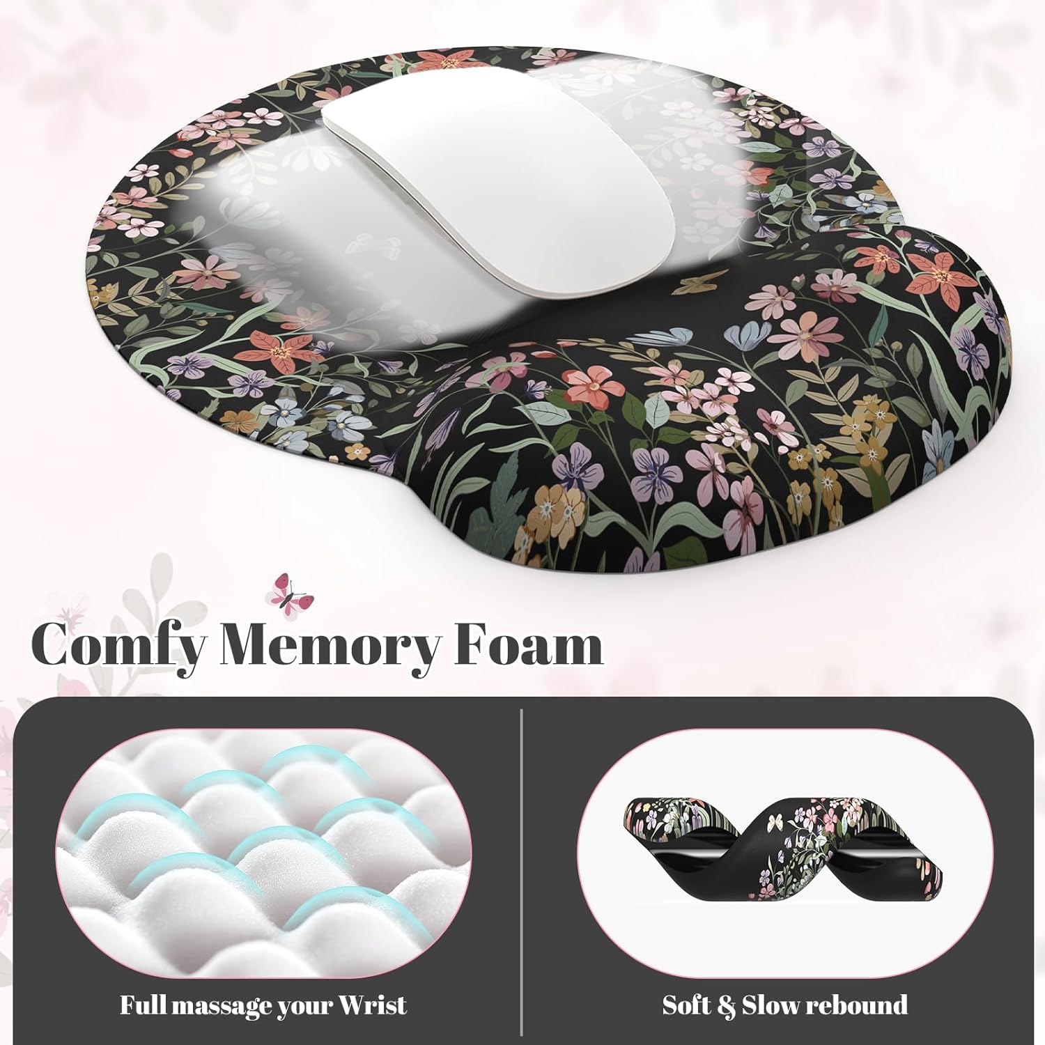 iLeadon Floral Desk Cover Mat Cute, Ergonomic Mouse Pad and Keyboard Wrist Rest, Smooth Mouse Pad Set, Non Slip Scalloped Desk Pad Mat for Keyboard and Mouse Set Women Aesthetics(Black) - Image 4