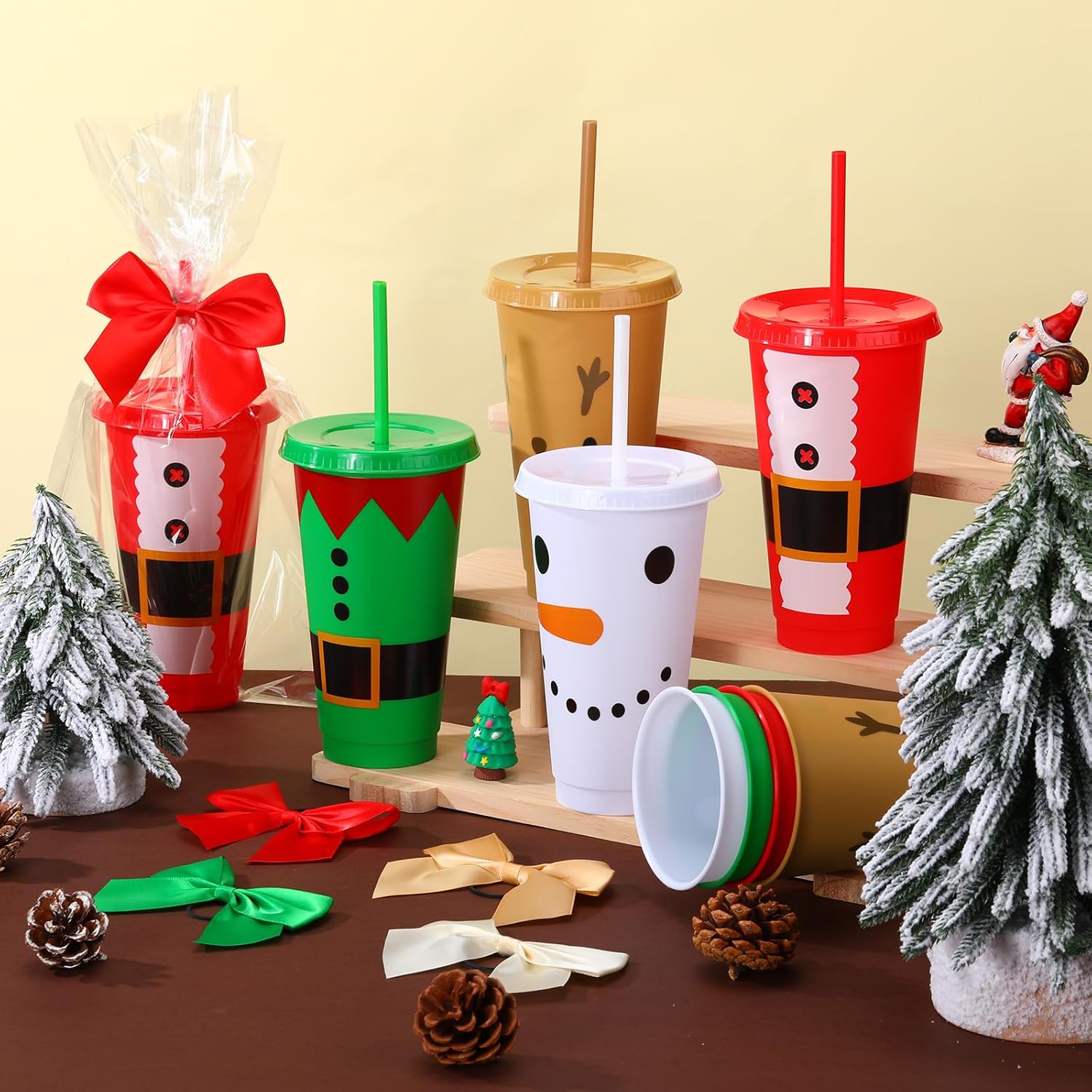 12 Pcs Reusable Christmas Cups Bulk Plastic Coffee Cups Tumbler with Lids and Straws Bow Bag Travel Mug 24 oz 4 Styles Cute Snowman Face Mugs Holiday Gift for Drinks Xmas Party Favor - Image 4
