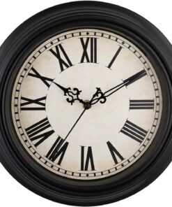 Plumeet Extra Large Retro Wall Clock, 16'' Non Ticking Classic Silent Vintage Wall Clocks Decorative Kitchen Living Room Bedroom, Roman Numerals, Battery Operated, Black