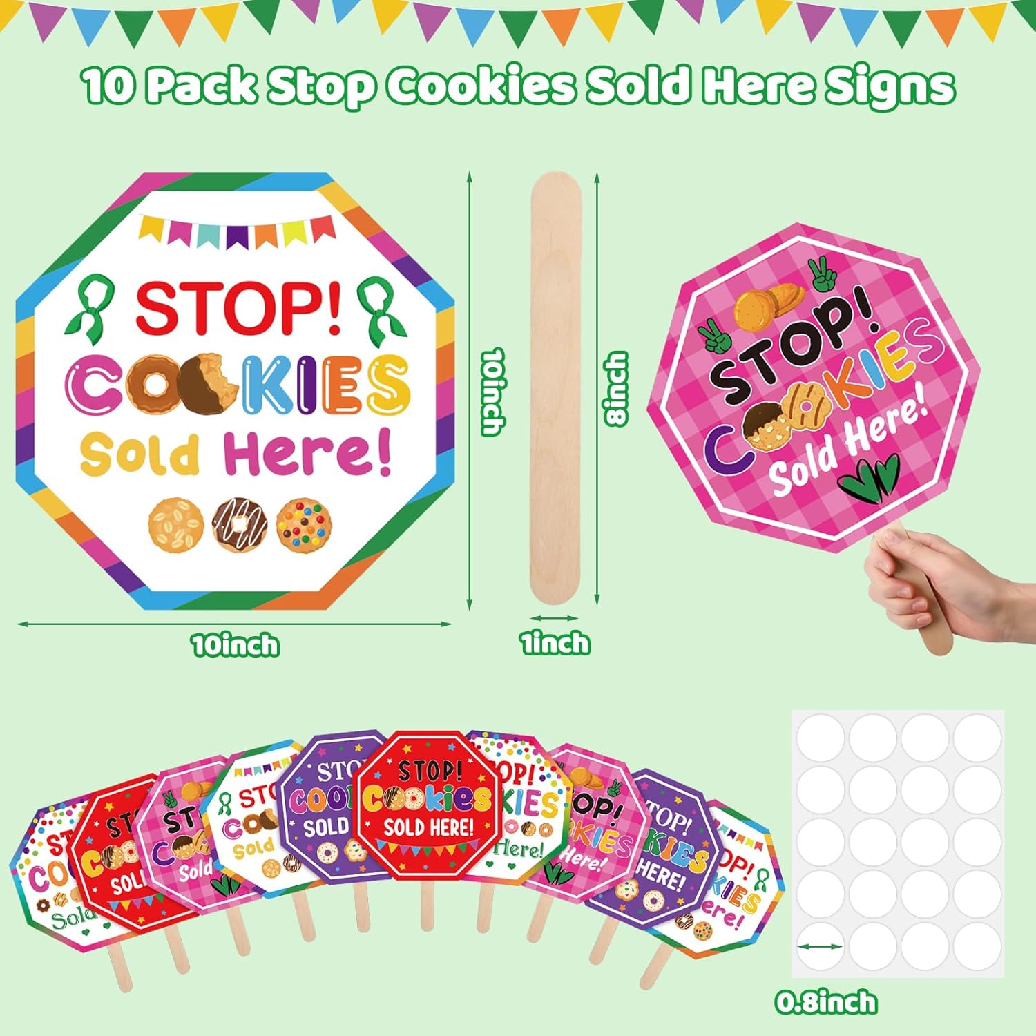 Bucherry 10 Pack Stop Cookies Sold Here Signs 10 x 10?? Stop Here To Buy Cookies Sign with Handheld Stick for Troop Member Booth Outdoor Advertising Supplies Decor - Image 3
