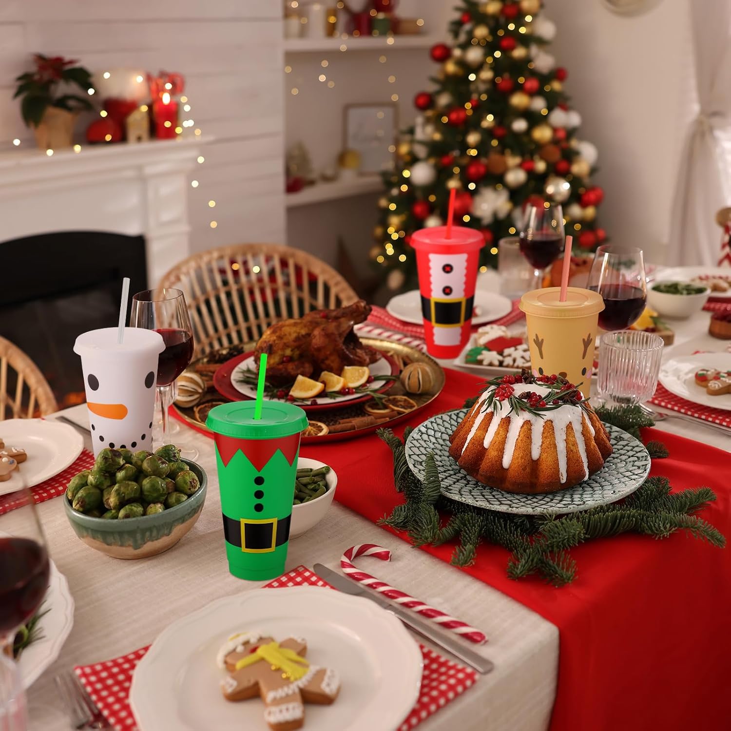 12 Pcs Reusable Christmas Cups Bulk Plastic Coffee Cups Tumbler with Lids and Straws Bow Bag Travel Mug 24 oz 4 Styles Cute Snowman Face Mugs Holiday Gift for Drinks Xmas Party Favor - Image 7