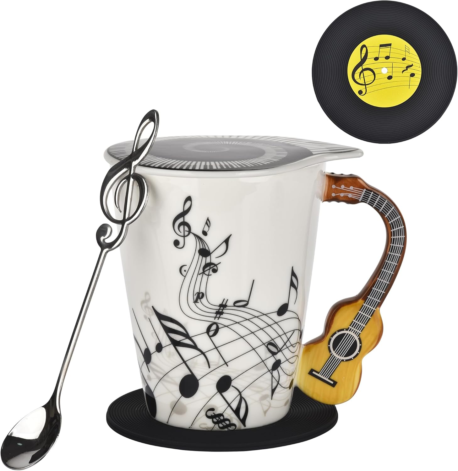 12.9 oz Guitar Novelty Mug Musical Notes Design Guitar Coffee Cup with Music Cool Themed Lid and Spoon & Coaster,Gifts for Guitar Players Musician,Music Lovers Gift for Women,Men,Red - Image 7