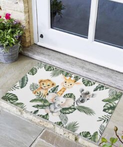 Indoor Door Mat, Elephant Tiger Giraffe Zebra Cartoon Animal Absorbent Entrance Mat Doormat Low Profile Floor Mats for Front Back Door Entryway 16x24in Turtle Leaf Tropical Plant