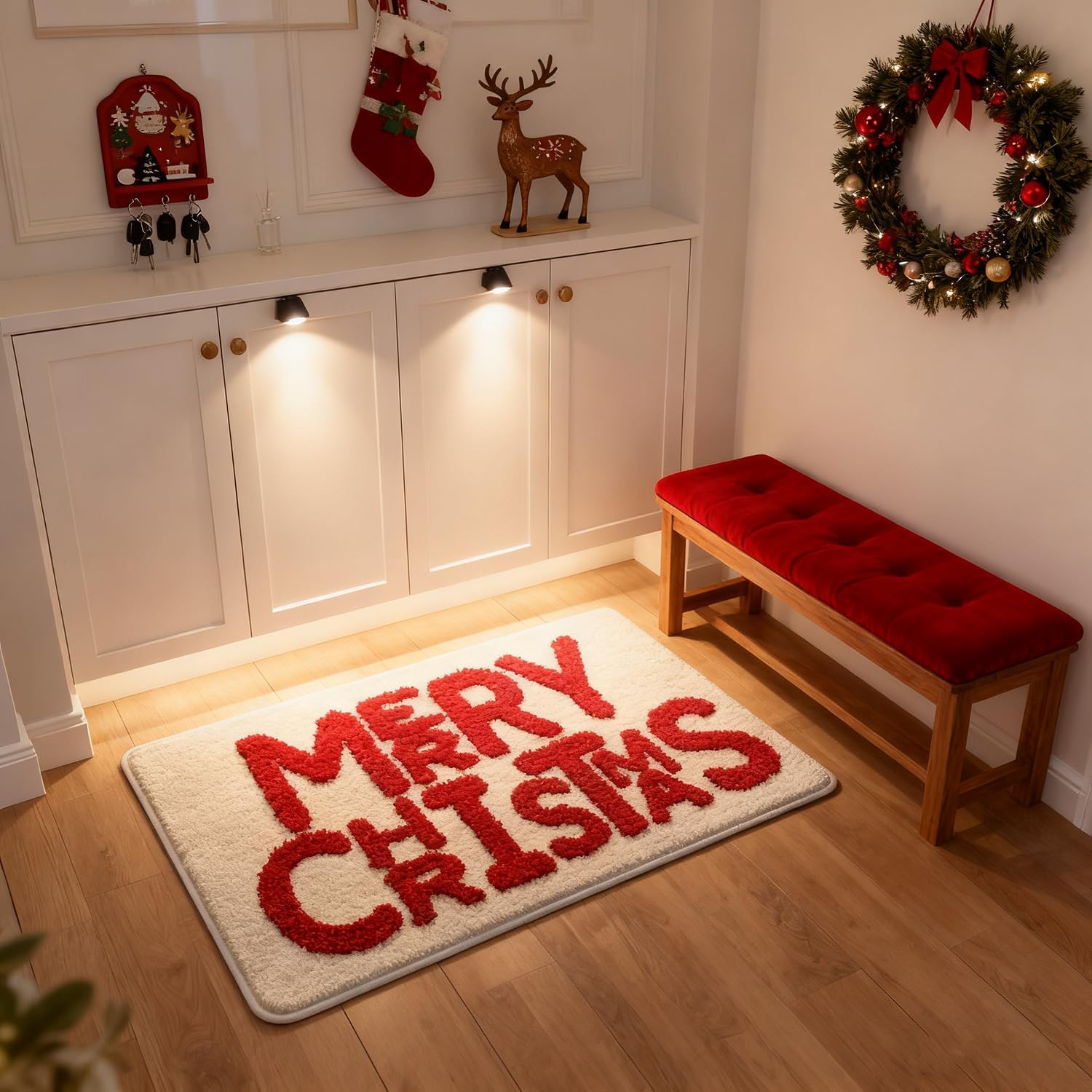 OFDNE Chirstmas Door Mat Cute Merry Christmas Welcome Doormat 24 * 16 Inch Xmas Welcome Mats Rug for Front Beige Winter Holiday Mat with Letter Designs for Indoor Outdoor Home Parte Decorations - Image 6