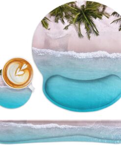 Britimes Blue Ocean Mouse Pad 3pcs Set with Wrist Support Non-Slip Rubber Base Ergonomic Pad,Summer Beach Mouse Wrist Cushion Support and Coasters for Home Office Gaming Easy Typing & Pain Relief