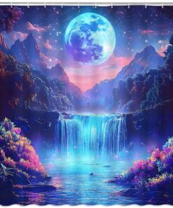 Alternative view of Moon Space Mountain Shower Curtain Blue Starry Night Sky Waterfall Lake Tree Floral Forest Wonderland Fantasy Nature Scenery Fabric Bathroom Decor Curtains with Hooks,70 x 70