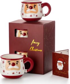 Nucookery Christmas Mug Set of 2- Card & Gift Box Included - Adorable Santa Face Design - Funny & Cute Coffee Mugs - Perfect for Mom kids Dad Gifts,16 Oz(Christmas Red 2/set)