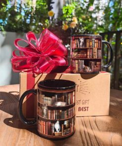 Alternative view of Cat Book Coffee Mug Gifts for Book Lovers, Bookish Mug Gifts for Readers, Library Bookshelf Cup, Cat Lovers Black Mugs 11oz