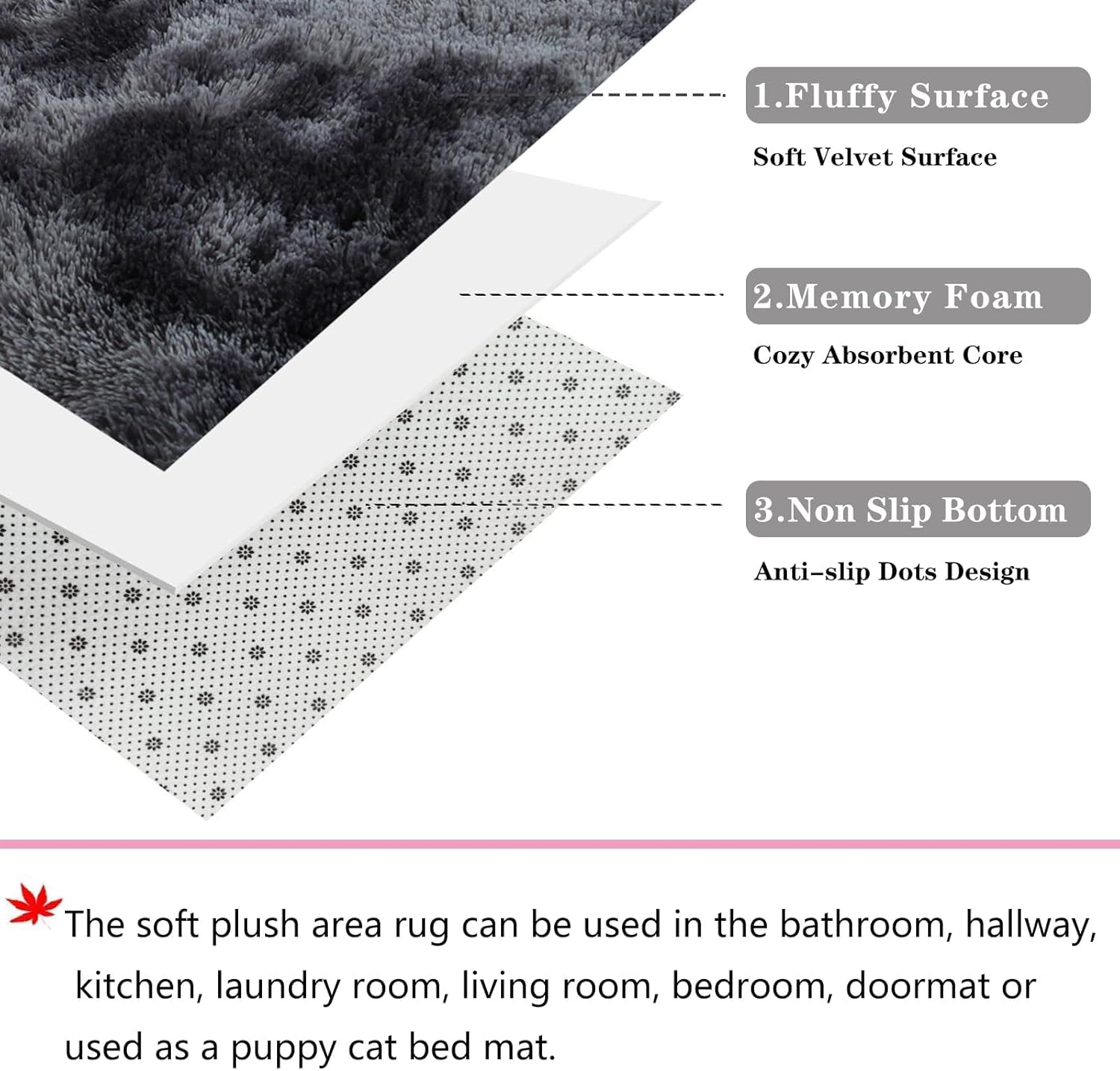 ConCus-T Grey Bath Mat Faux Fur Plush Bathroom Rugs Shaggy Soft Anti Slip Bath Carpet Doormat for Bedroom Bathroom Puppy Bed Mat, Tie-Dye Dark Grey, 24'' x 16'' - Image 9