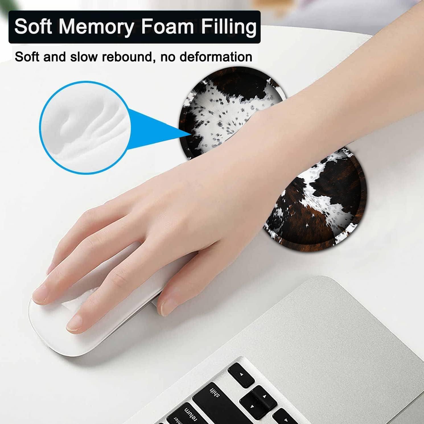 Large Gaming Mouse Pad, 31.5x11.8 in Extended Computer Mouse Mat with Non-Slip PU Base, Ergonomic Memory Foam Keyboard Wrist Rest, for Work & Gaming, Black and White Cow Fur Office Desk Pad - Image 5