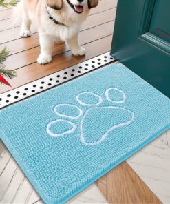 OLANLY Dog Door Mat for Muddy Paws 24x16, Paw Print Design, Absorbs Moisture and Dirt, Absorbent Non-Slip Washable Doormat, Quick Dry Chenille Mud Mat for Dogs, Entry Indoor Entryway Carpet, Blue