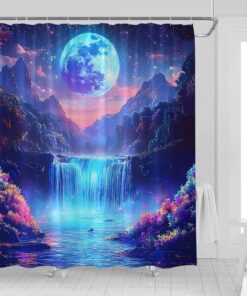 Moon Space Mountain Shower Curtain Blue Starry Night Sky Waterfall Lake Tree Floral Forest Wonderland Fantasy Nature Scenery Fabric Bathroom Decor Curtains with Hooks,70 x 70
