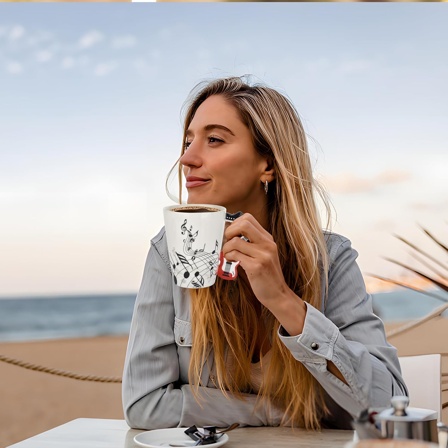 12.9 oz Guitar Novelty Mug Musical Notes Design Guitar Coffee Cup with Music Cool Themed Lid and Spoon & Coaster,Gifts for Guitar Players Musician,Music Lovers Gift for Women,Men,Red - Image 5