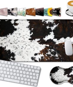 Large Gaming Mouse Pad, 31.5x11.8 in Extended Computer Mouse Mat with Non-Slip PU Base, Ergonomic Memory Foam Keyboard Wrist Rest, for Work & Gaming, Black and White Cow Fur Office Desk Pad