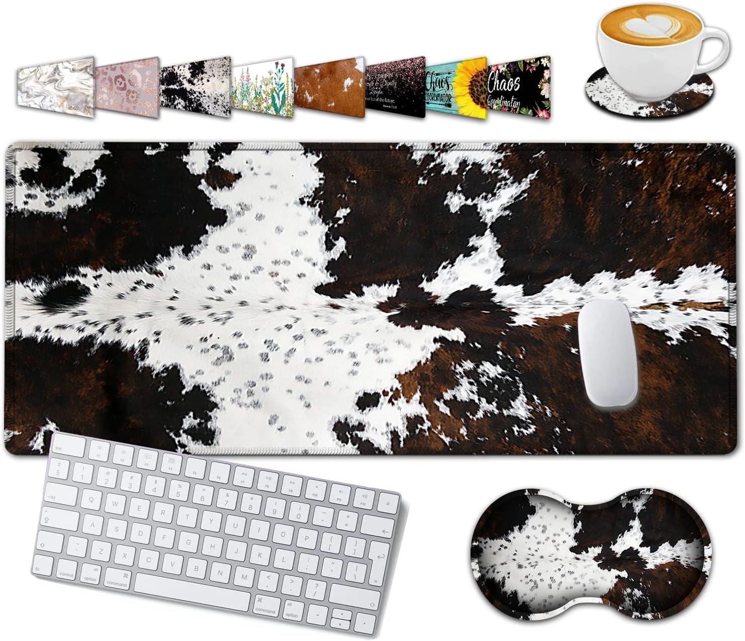 Large Gaming Mouse Pad, 31.5x11.8 in Extended Computer Mouse Mat with Non-Slip PU Base, Ergonomic Memory Foam Keyboard Wrist Rest, for Work & Gaming, Black and White Cow Fur Office Desk Pad