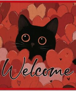 Valentines Day Door Mat, Black Cat Heart Welcome Doormat, Cute Kitty Lover Front Door Mat for Porch Entryway Patio Kitchen Indoor Decor (16"??28")