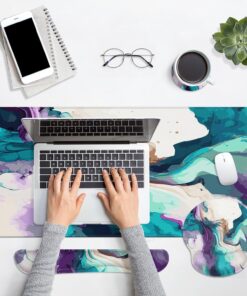 Alternative view of Britimes Teal and Purple Liquid Marbling Keyboard Mouse Pad Set 4in1 Large Mousepad+Keyboard Wrist Rest+Mouse Wrist Rest+Coaster Set with Ergonomic Design for Home Office Computer 35.4x15.7 inches