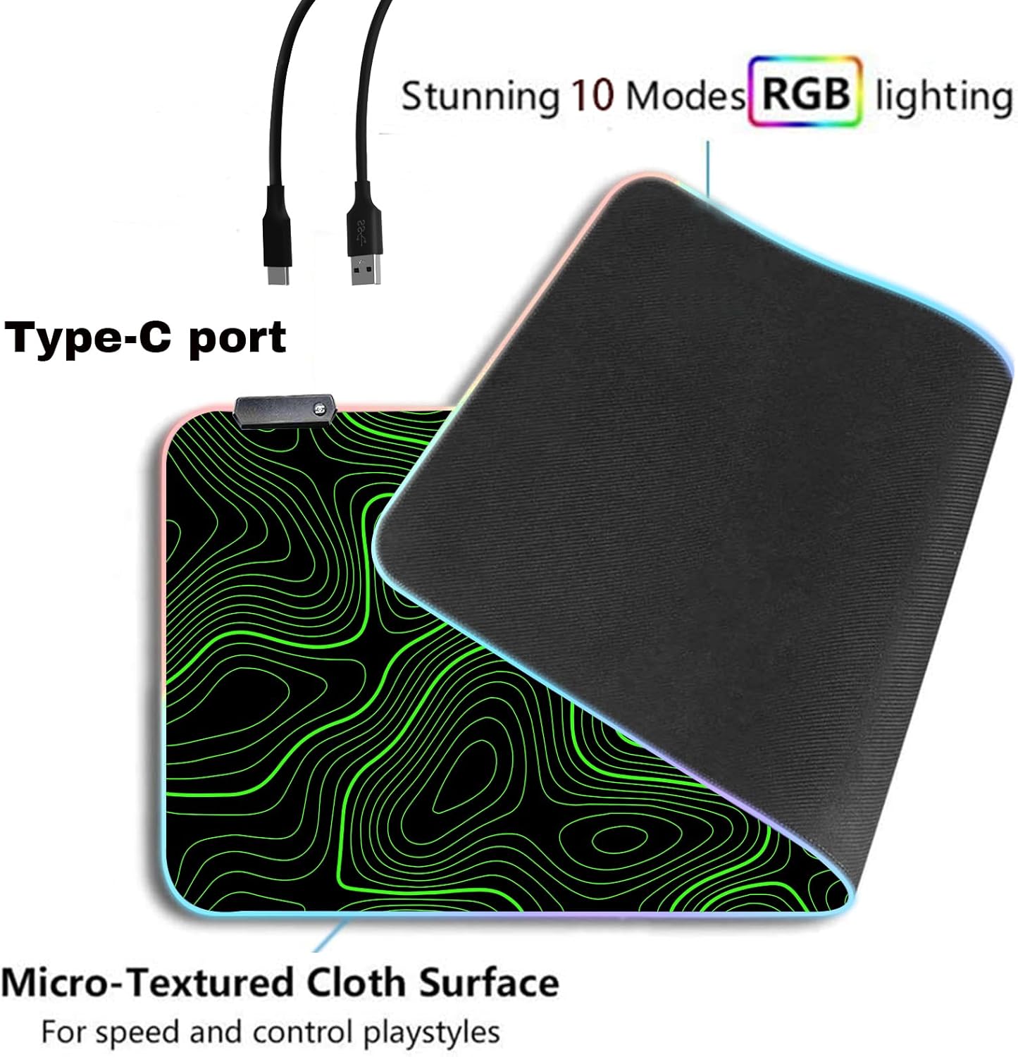 RGB Mouse Pad LED Desk Mat Large Gaming Mousepad Black and Green Line Design, Keyboard Pad XL Mouse Mat for Home and Office - Image 4