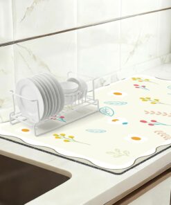 Dish Drying Mat 16" X 24", Super Absorbent & Cuttable Coffee Mats for Countertop, Kitchen Counter Mat Fits Under Coffee Maker or Machine, Hide Stain Drying Pad for Dish Drying Rack, Cute Flower
