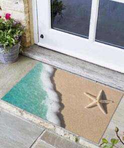 Indoor Door Mat, Summer Beach Starfish Absorbent Entrance Mat Doormat Low Profile Floor Mats for Front Back Door Entryway 16x24in Teal Gradient Sea Water Wave