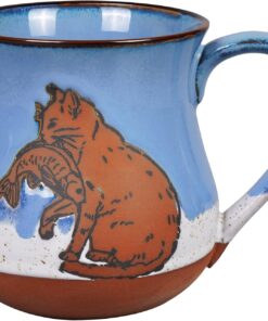 Ceramic Cat Coffee Mug 16 oz Novelty Coffee Mug for Men and Women Holiday Housewarming Chirstmas Birthday Cat Lovers Gifts for Women Handmade Stoneware Tea Milk Morning Coffee Cup Blue