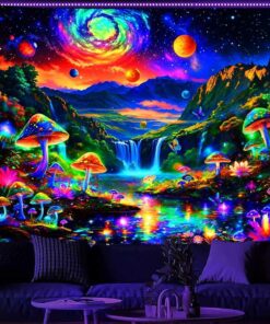 Ine Ive Blacklight Galaxy Space Tapestry UV Reactive Tapestry Mountain Waterfall Mushroom Nature Nature Poster Wall Hanging 80x60Inch for Bedroom Dorm Home Decor