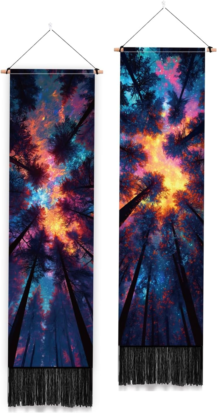PLIGREAT 2 Pack Mysterious Sky Wall Tapestry, Colorful Forest Tapestry with Tassels Aesthetic Starry Night Wall Hanging for Bedroom Living Room Home Decor Vertical Art Tapestries, 52 x 13 Inch