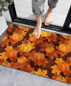 Fall Welcome Mat Thanksgiving Pumpkin Indoor Doormat,Autumn Maple Leaf Floor Door Mat Orange Watercolor Non-Slip Entrance Rugs,Farm Leaves Seamless Water Absorbent Bath Rug for Bathroom 16x24in