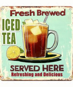Vintage Square Tin Sign - "Fresh Brewed Iced Tea Served Here" Retro Beverage Art - Square Metal Wall Decor for Cafe, Kitchen, or Home - Refreshing and Delicious Gift for Tea Lovers