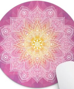7AN.M. Vibrant Mandala Design 7.9-Inch Round Mouse Pad, Pink and Yellow Geometric Pattern Anti-Slip Rubber Base & Smooth Fabric Surface Circular Mat