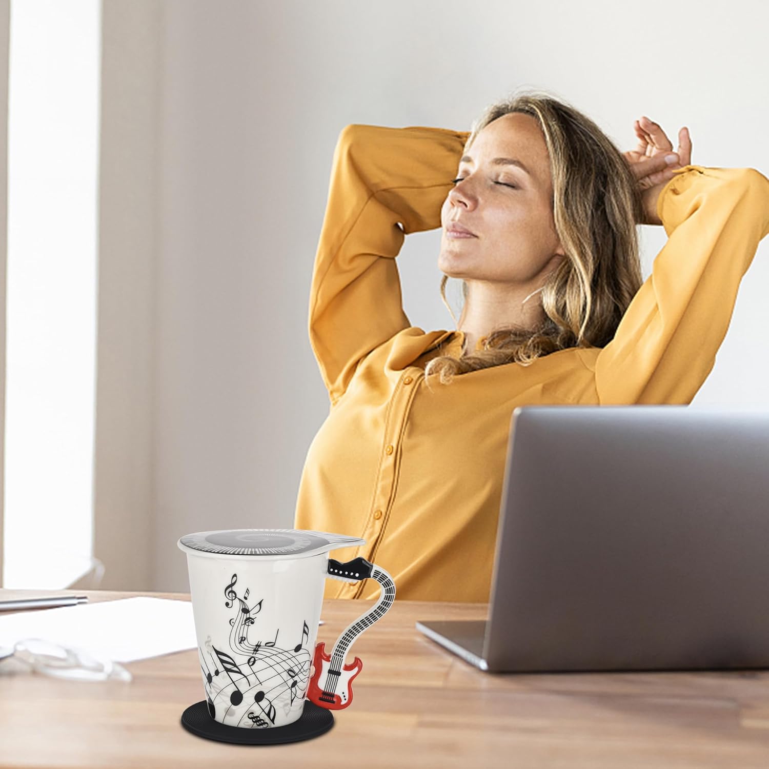 12.9 oz Guitar Novelty Mug Musical Notes Design Guitar Coffee Cup with Music Cool Themed Lid and Spoon & Coaster,Gifts for Guitar Players Musician,Music Lovers Gift for Women,Men,Red - Image 4