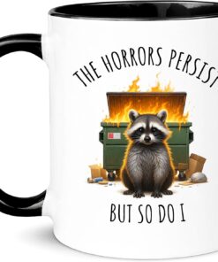 Alternative view of Funny Raccoon Trash Fire Mug, The Horrors Persist But So Do I, Dumpster Fire Vibes, Gift for Friend or Coworker, 11oz Ceramic Coffee Mug/Tea Cup