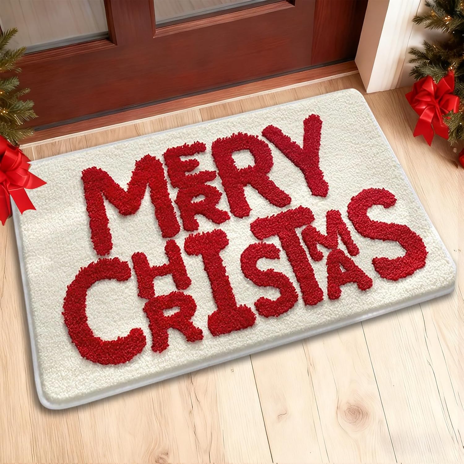 OFDNE Chirstmas Door Mat Cute Merry Christmas Welcome Doormat 24 * 16 Inch Xmas Welcome Mats Rug for Front Beige Winter Holiday Mat with Letter Designs for Indoor Outdoor Home Parte Decorations - Image 5