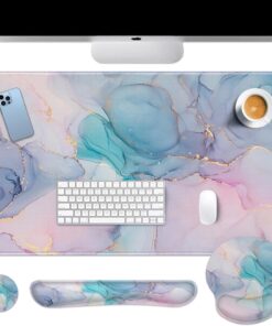 Arttown Pink Blue Desk Mat Marble Mouse Pad Set 4 in 1 Purple Gold Gradient Ergonomic Design Large Desk Pad + Keyboard Wrist Rest + Mouse Wrist Rest + Coaster Suitable for Home Office Study Game