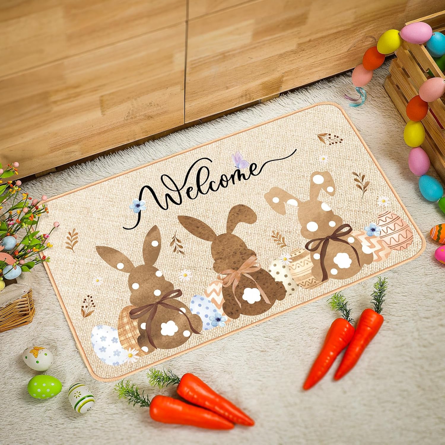 Zhanmai Welcome Mats Door Mat Indoor Entrance Cute Decorative Outdoor Doormats Non Slip Outside Door Mats for Front Door Spring Rugs, 16" x 28"(Rabbit) - Image 5