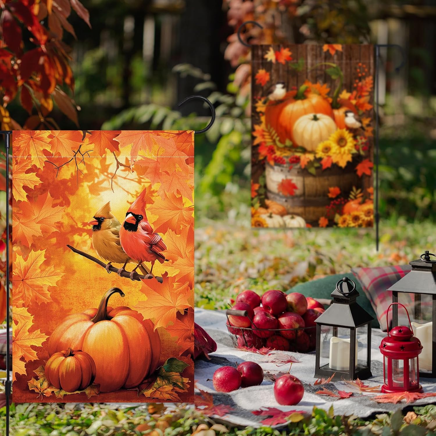 2 Pack Fall Thanksgiving Pumpkin Garden Flag Halloween 12 x 18 Inch Double Sided Vertical Burlap Cardinals Bird Fall Garden Flag for Seasonal Holiday Outdoor Yard Decoration - Image 6