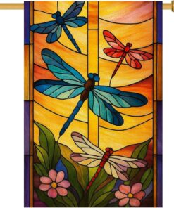 BlissYard Spring Summer House Flag 28 x 40 Inch Double Sided Garden Flag Stained Glass Dragonfly and Floral Art for Yard Banner Porch Outdoor Decoration Insect Garden Flag