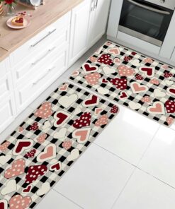 Alternative view of qiyeyeye 2Pcs Valentines Day Kitchen Mats Red Love Heart Non-Slip Floor Mat Set, Plaid Washable Rugs for Holiday Decor, Home Entrance Porch Rectangular Valentines Door mat 16x24 and 16x45 Inch
