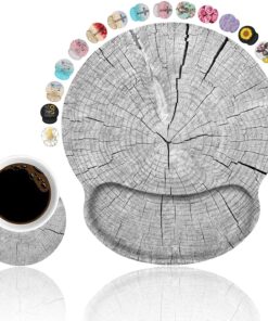 Ergonomic Mouse Pad Wrist Support with Coasters Set, Cute Large Wrist Rest Pad with Non-Slip PU Base for Laptop Computer Home Office Working Gaming Pain Relief, Wood Grain Pattern