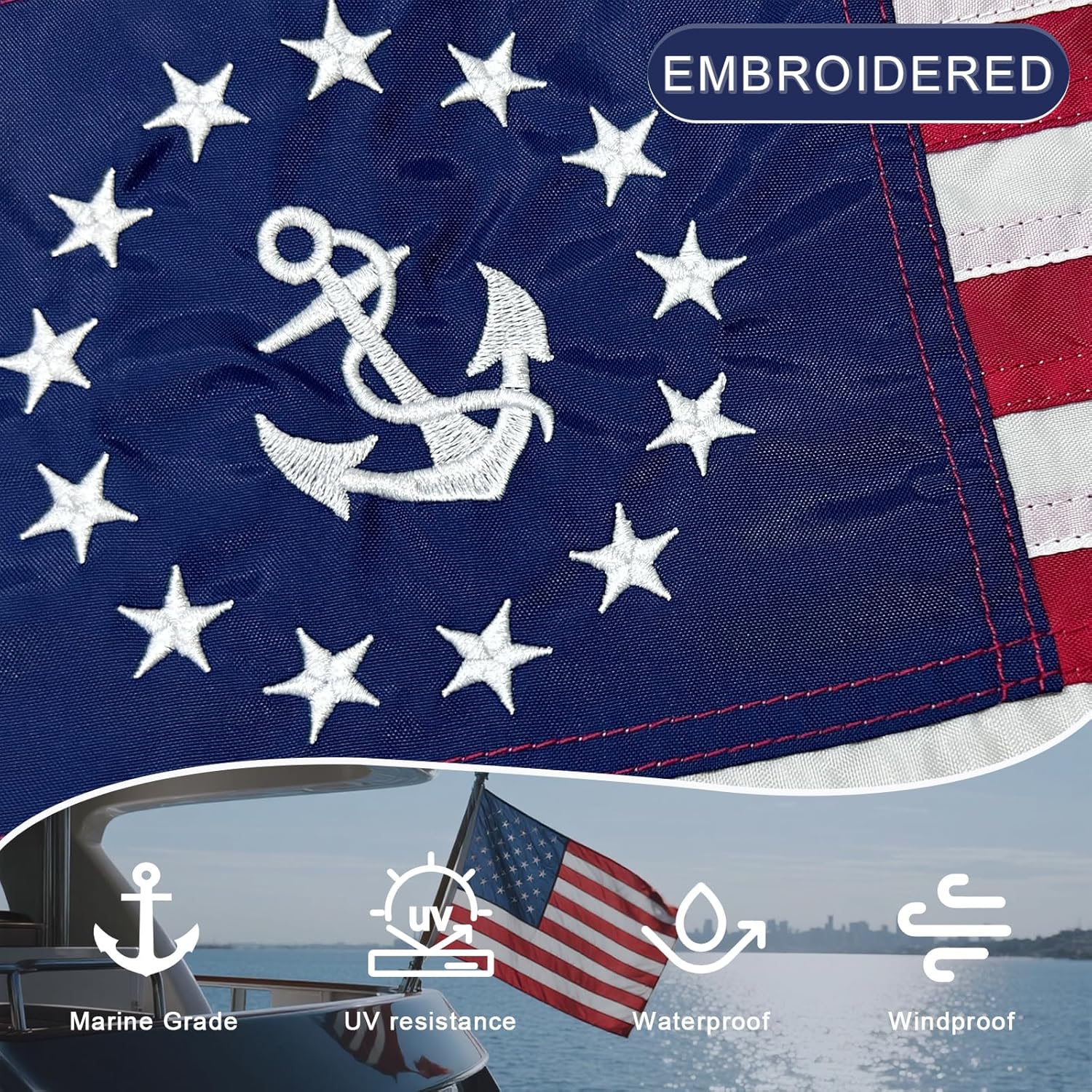 American Yacht Boat Flag 12x18 Inch Embroidered USA Yacht Ensign Flag Sewn Stripes Nautical Marine Flags with 2 Brass Grommets - Image 3