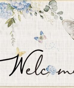 WARDOS Cat Welcome Mat, Blue Rustic Hydrangea Floral Tabby Cat Door Mat for Front Door Indoor Outdoor Entrance Porch, Cute Kitten Doormat Bath Mats, 17x30 Inches