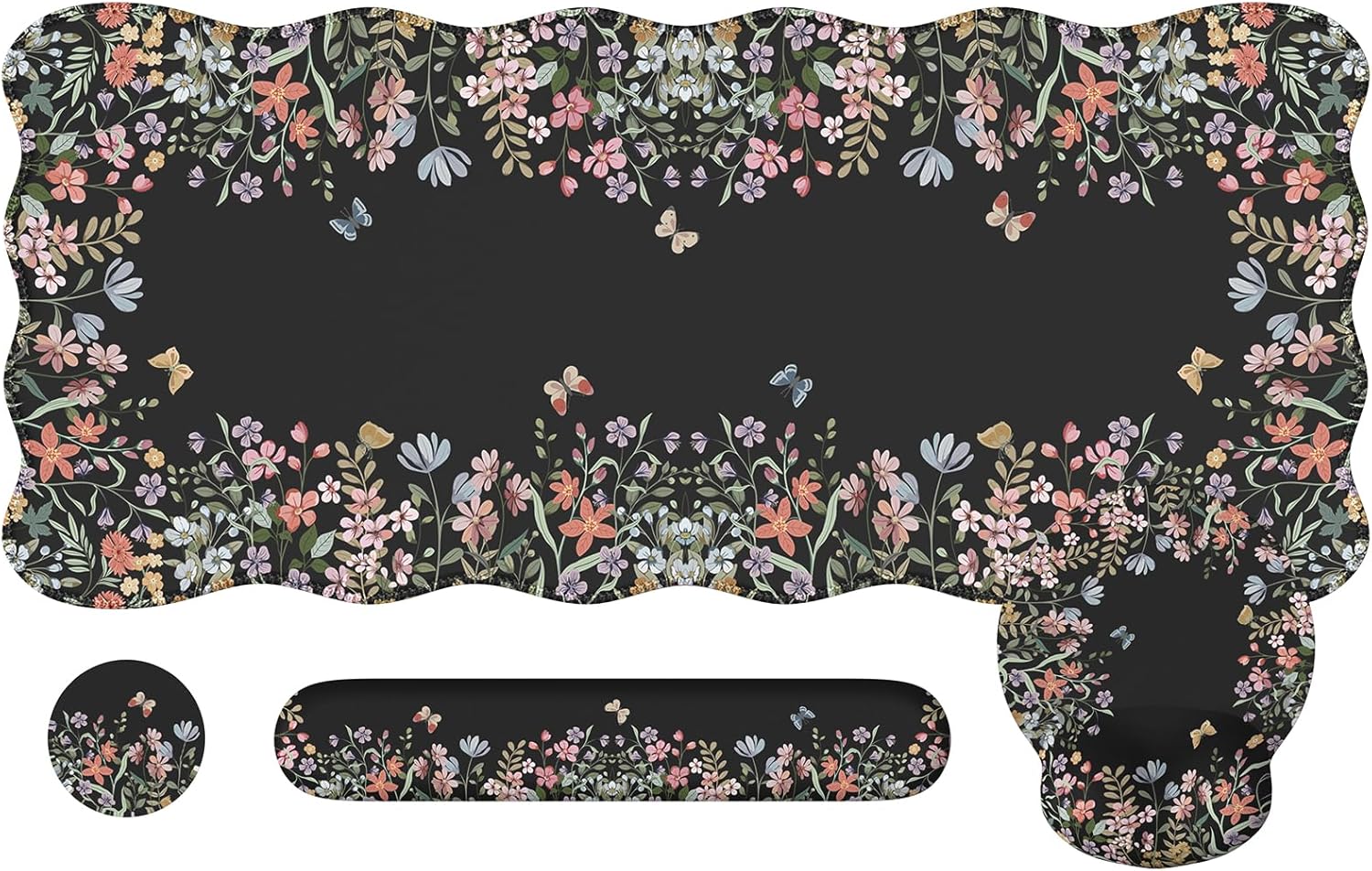 iLeadon Floral Desk Cover Mat Cute, Ergonomic Mouse Pad and Keyboard Wrist Rest, Smooth Mouse Pad Set, Non Slip Scalloped Desk Pad Mat for Keyboard and Mouse Set Women Aesthetics(Black)