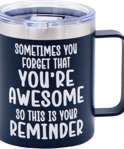 4E's Novelty Coffee Mug Sometimes You Forget You’re Awesome, 14 oz - Stays Hot for 3 Hrs, Steel Blue with Lid, Gift for Men Him Dad, Inspirational Birthday Coffee Mug for Guy, Boyfriend