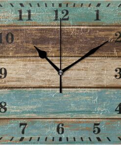 Wall Clock Teal Green Brown Retro Rustic Wood Texture Decorative Hanging Clock Silent Non Ticking Square Clock for Living Room Kitchen Bedroom Black20x20cm