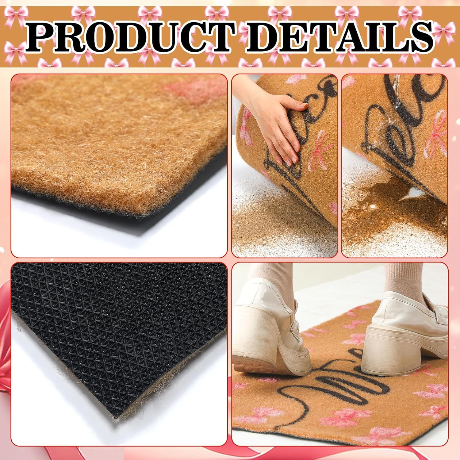 Tinideya Pink Bow Nature Coir Doormat Outdoor Cute Welcome Mats Non Slip Coquette Pink Bow Mat for Front Door Porch Coquette Party Outdoor Entryway Decor, 17 x 30 Inch(Black Welcome) - Image 4